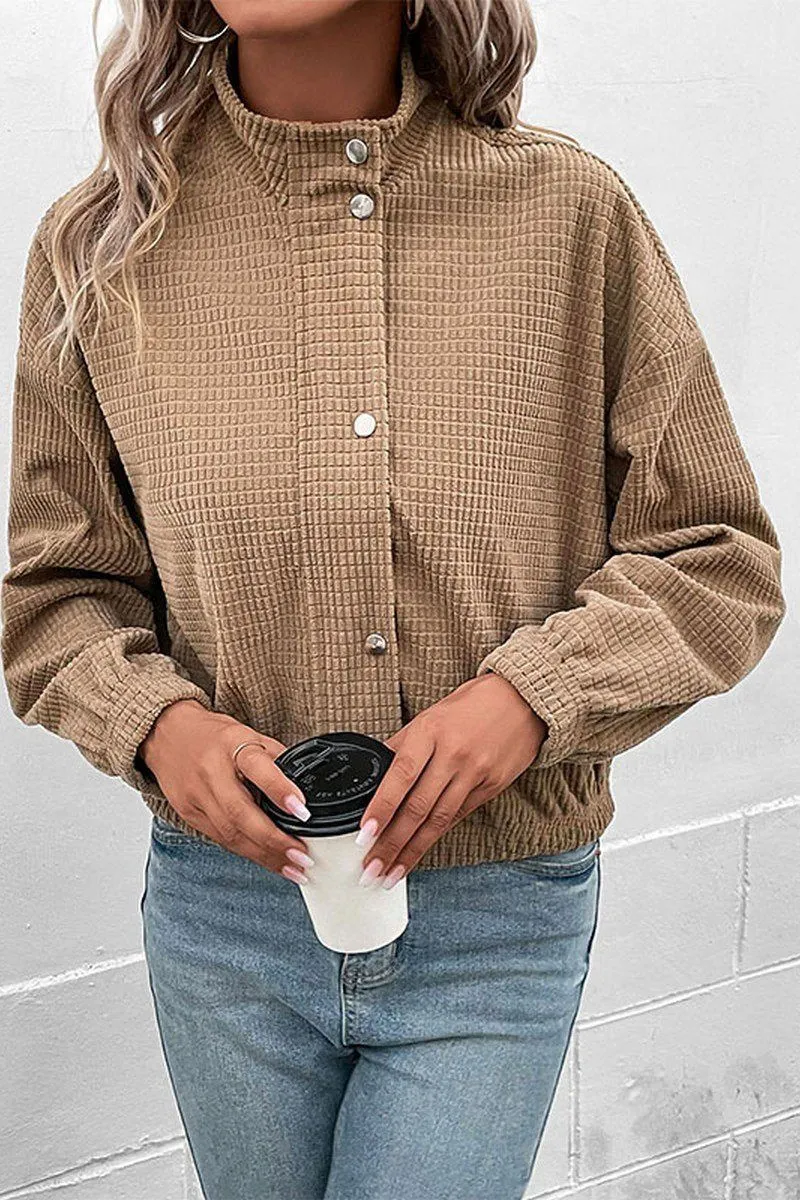 Sustainable Production Methods WOMEN HIGH NECK PLAID QUILTED BUTTON UP JACKET
