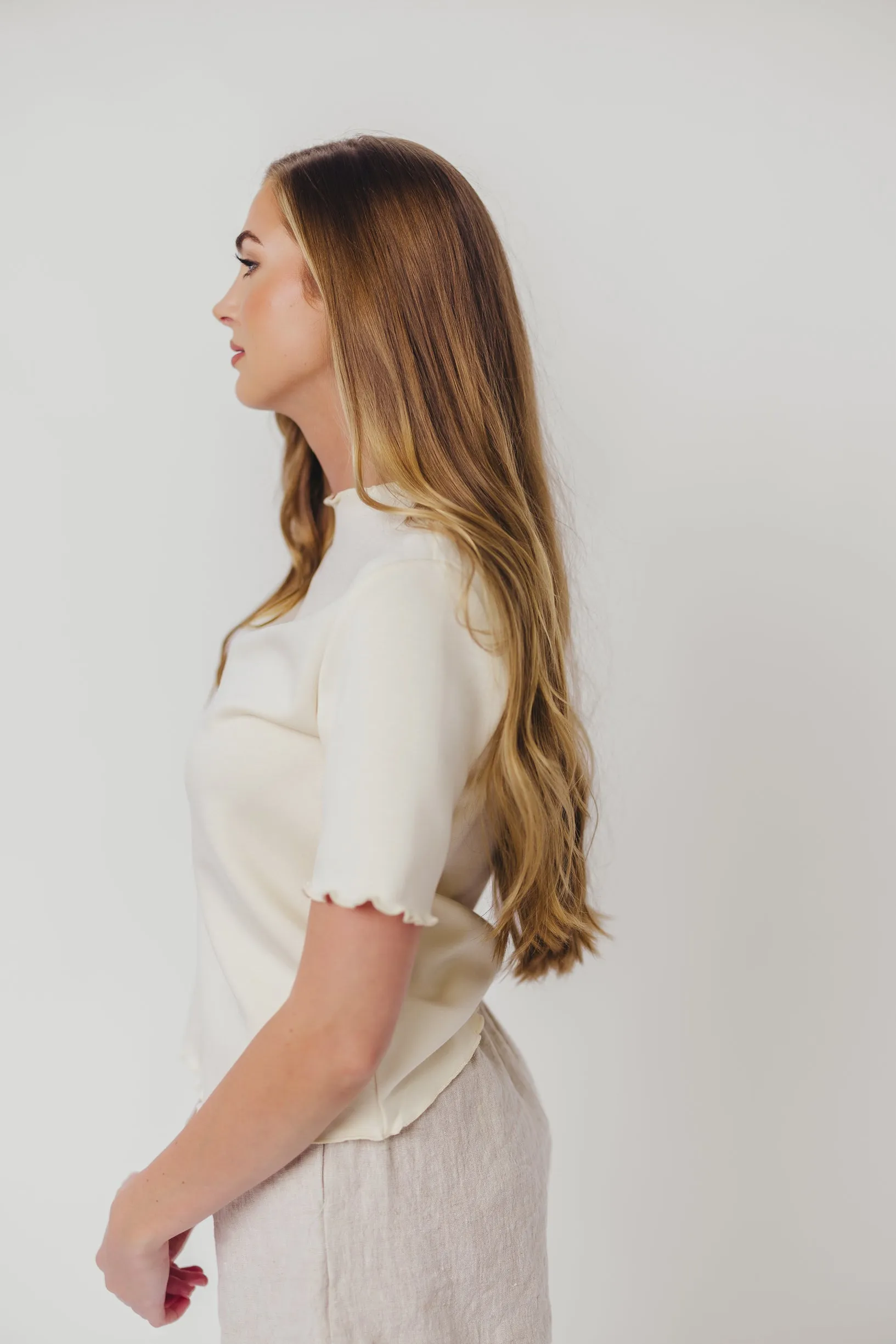 Jemma Butter Modal Mockneck Top with Merrow Edge from P.Cill in Eggshell ReflectiveTrim