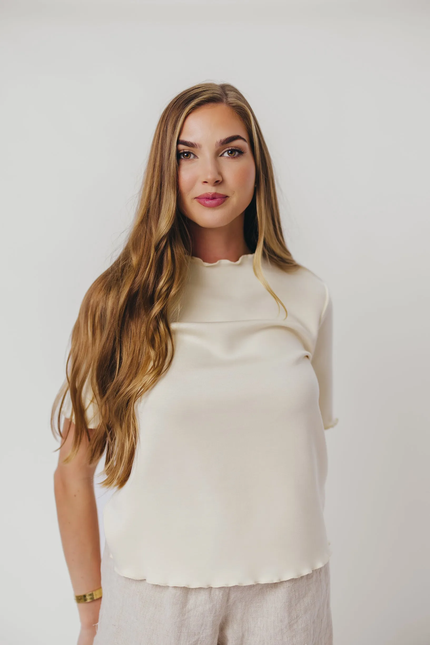 Linen Blend Fabric Jemma Butter Modal Mockneck Top with Merrow Edge from P.Cill in Eggshell