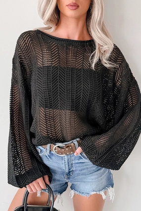 Feel Good Flow Open Knit Zenana Sweater (Black) Sustainable Production Methods PolyesterBlend