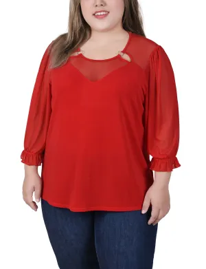 Plus Size 3/4 Sleeve Ringed Top With Mesh MeshPanelIntegration
