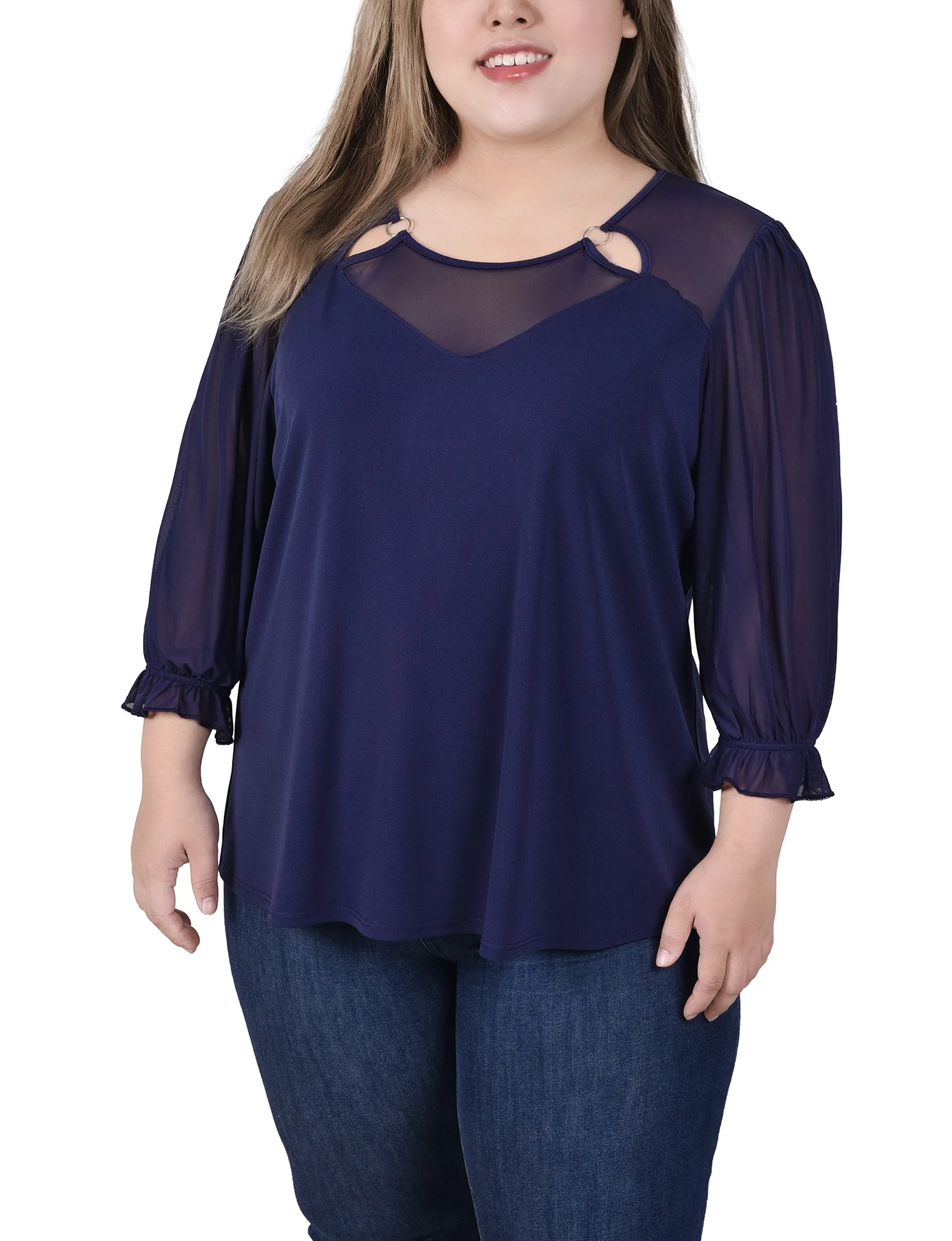 Plus Size 3/4 Sleeve Ringed Top With Mesh Adjustable drawstring