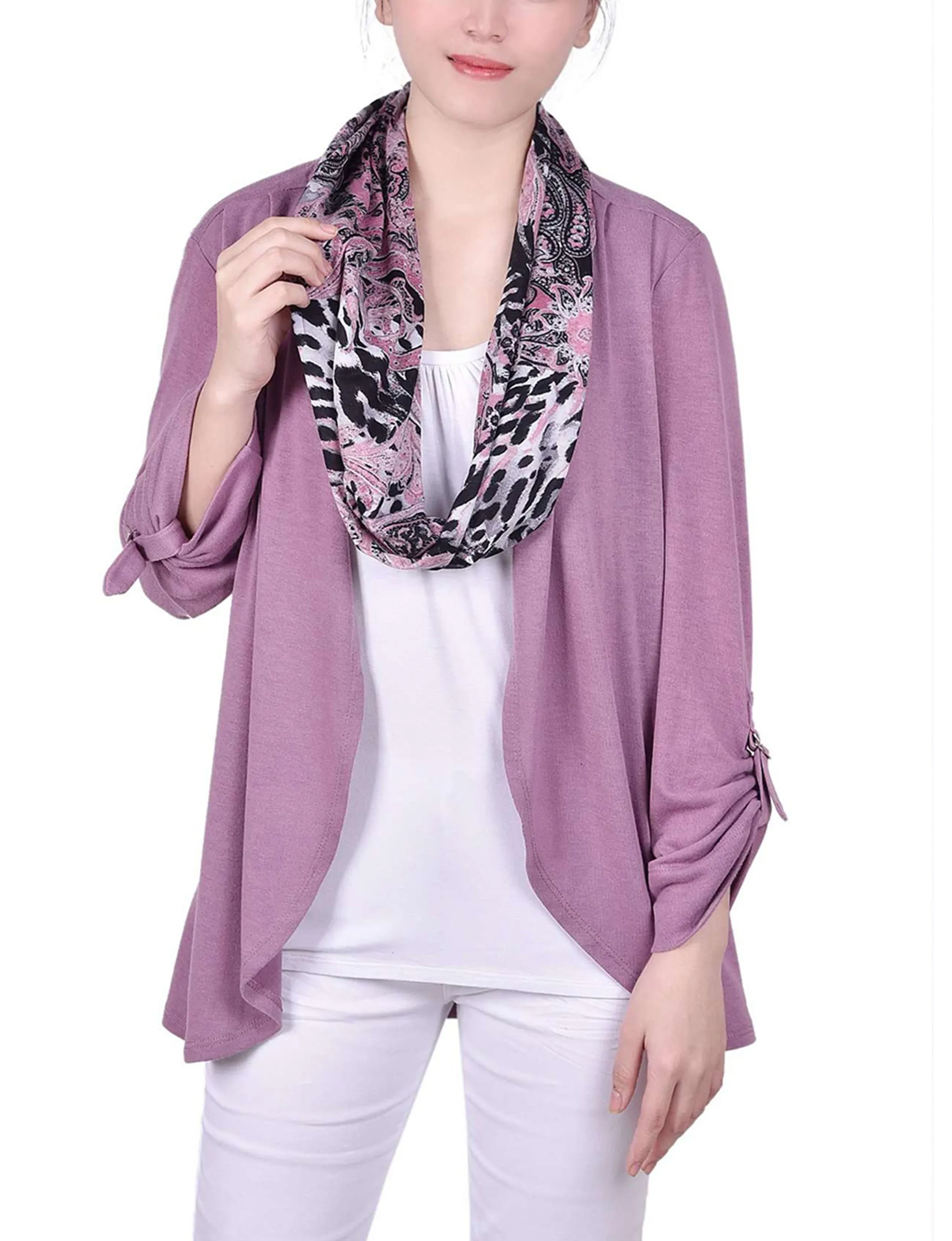 Petite 3/4 Roll Sleeve 3Fer Top With Detachable Scarf StretchComfortDesign