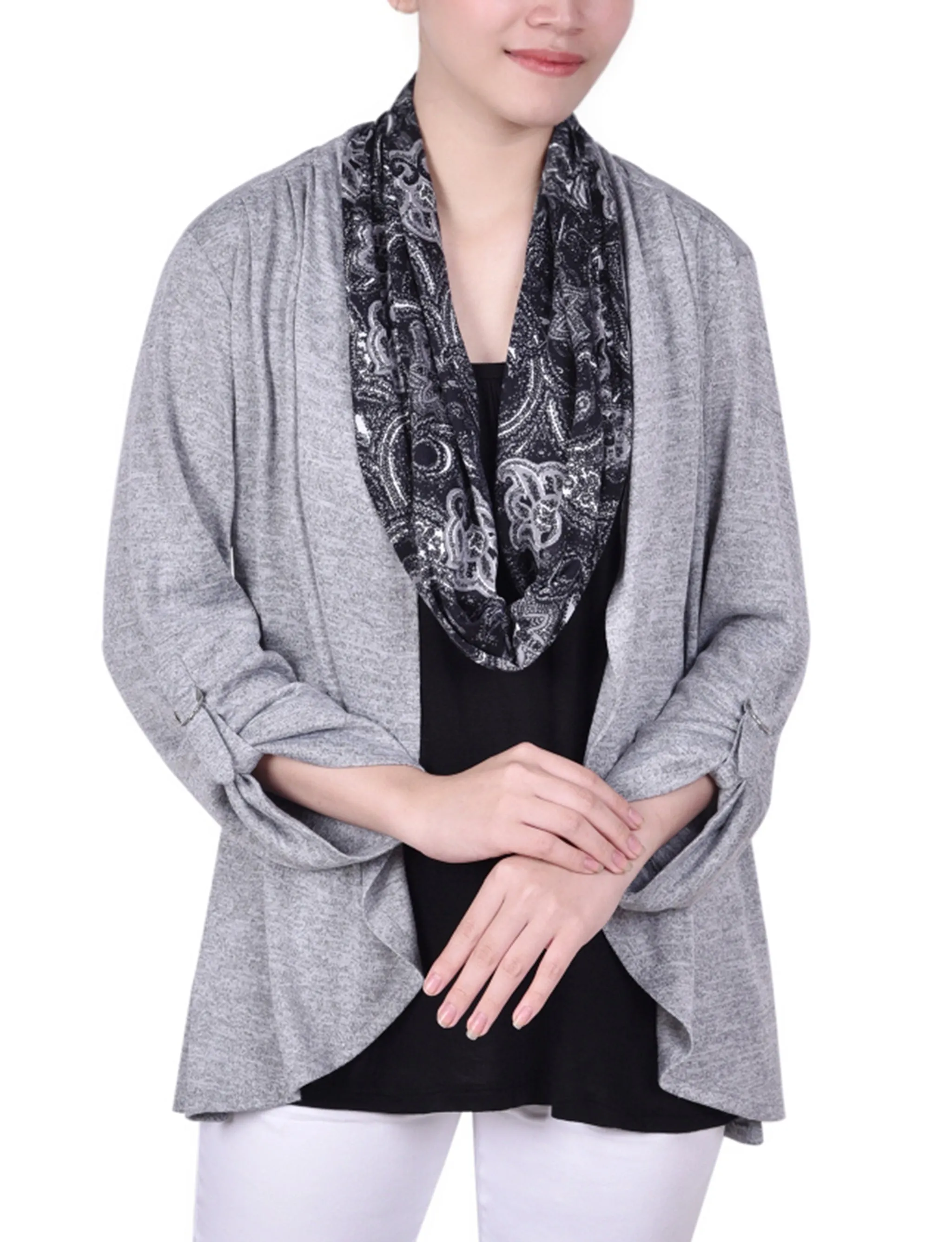 PolishedFinish Bonded Seam Tape Petite 3/4 Roll Sleeve 3Fer Top With Detachable Scarf