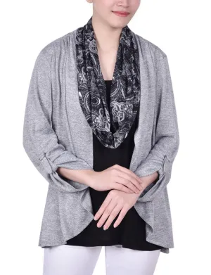 Durable Stitch Pattern Relaxed Top Petite 3/4 Roll Sleeve 3Fer Top With Detachable Scarf