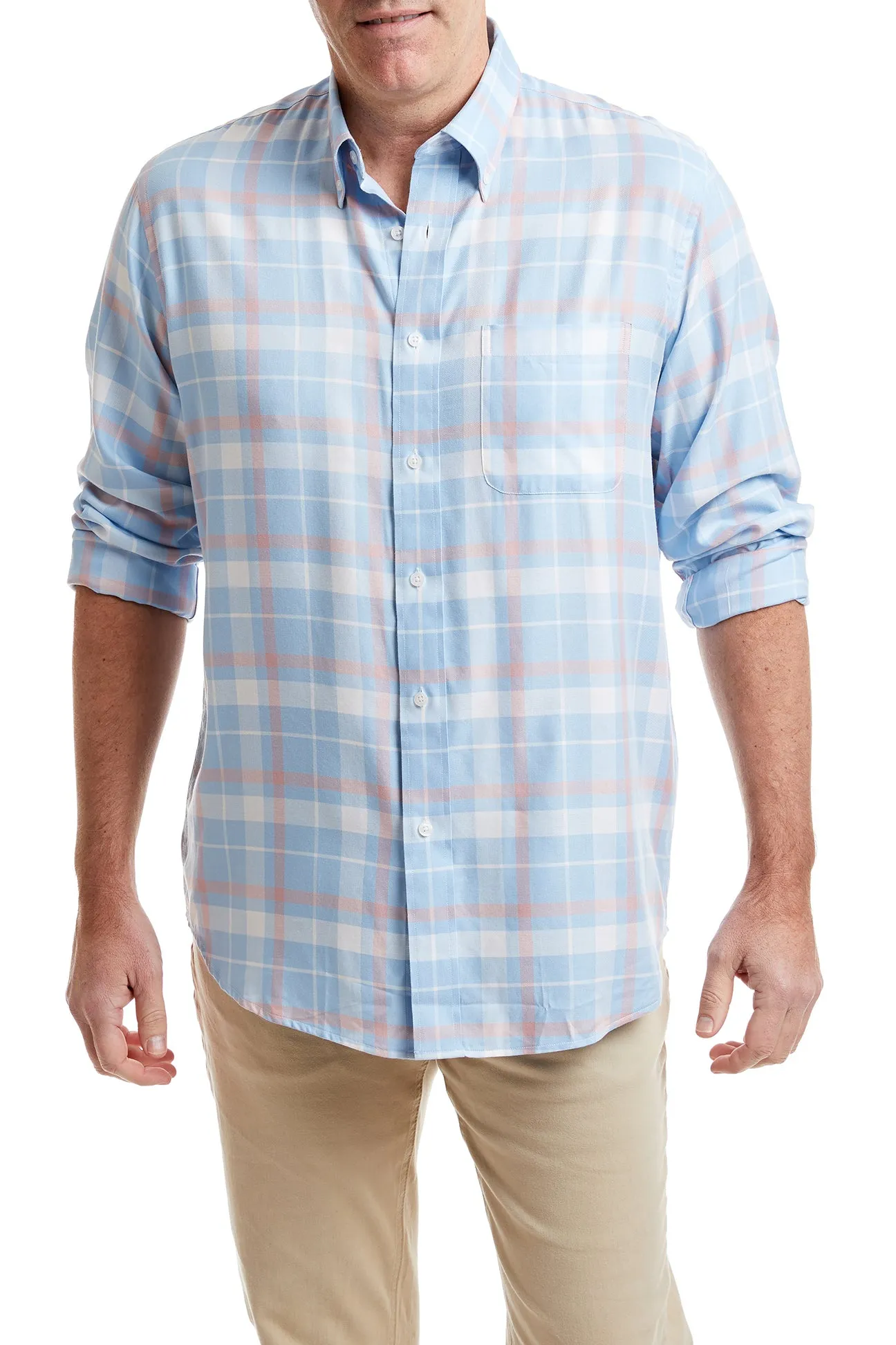 ElasticTrimming Cozy Cardigan Chase Shirt Blue with Pink Windowpane