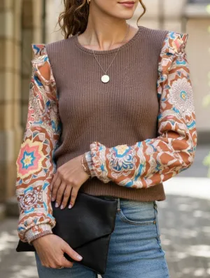 Bohemian Ruffled Floral Sleeves Panelled Knit Pullover Top ThermalRegulating Fabric Eco Dye Process