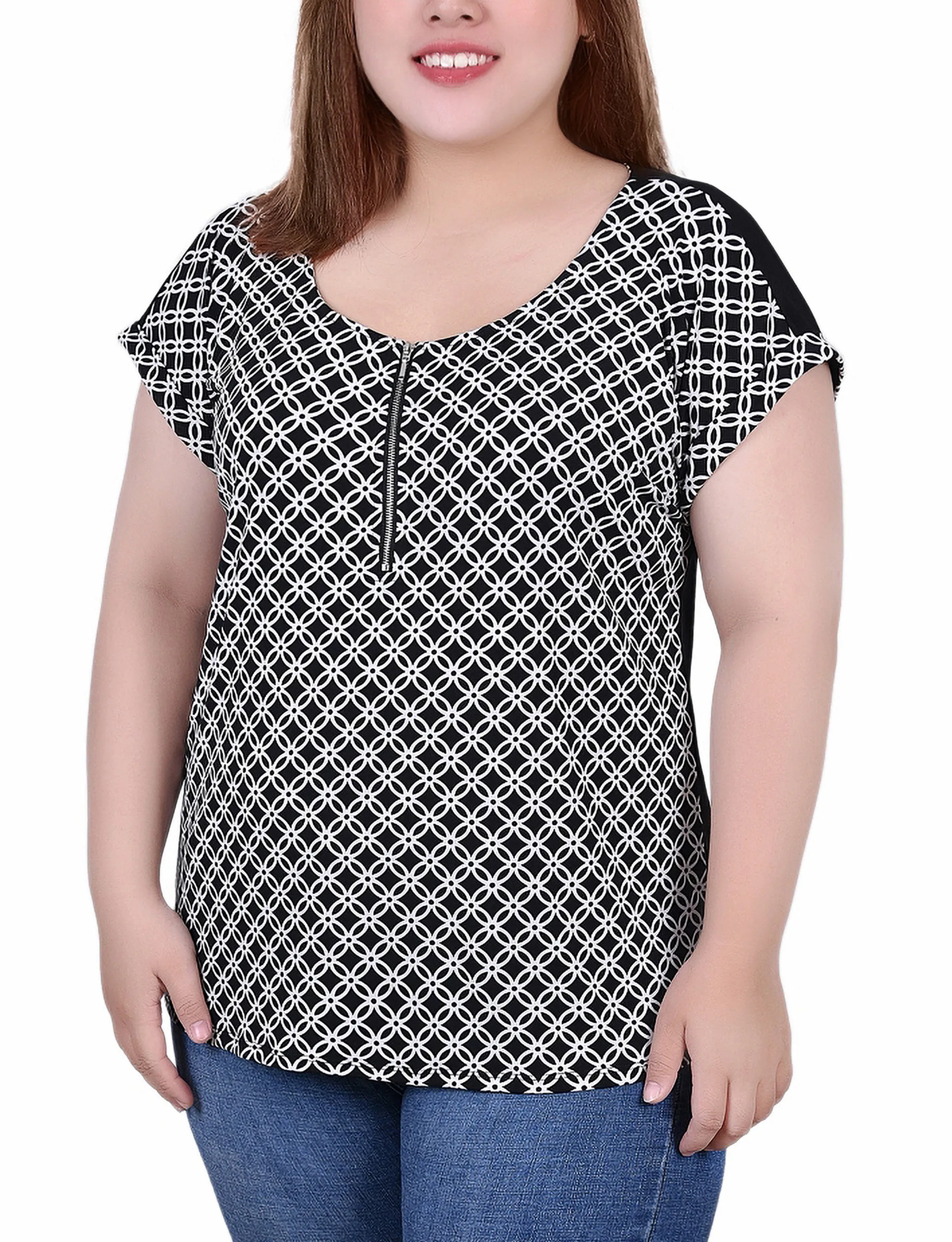 Petal Sleeve Architecture Plus Size Short Sleeve 1/2 Zip Knit Top
