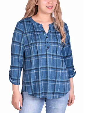 3/4 Sleeve Roll Tab Pintucked Front Pullover Top Thermoregulating Fabric EasyCareMaterial