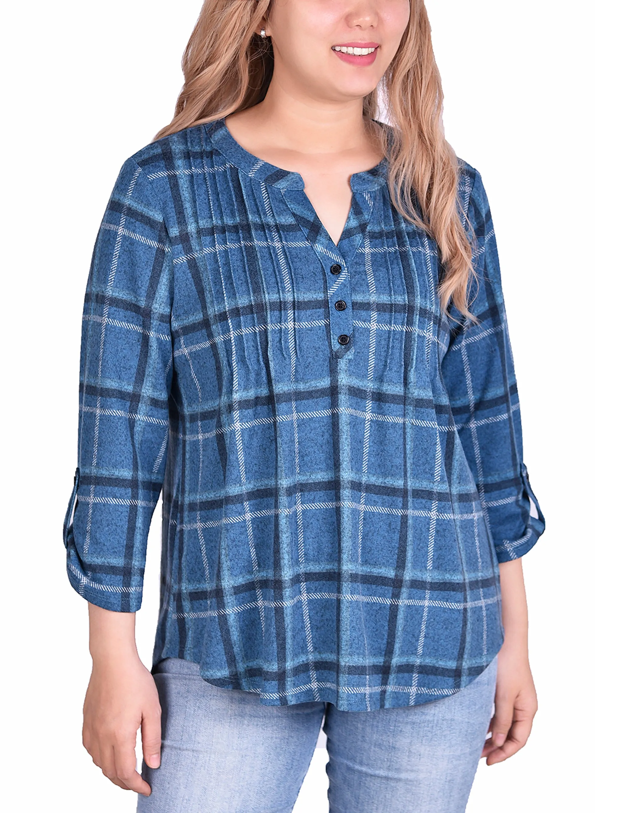 3/4 Sleeve Roll Tab Pintucked Front Pullover Top Thermoregulating Fabric EasyCareMaterial