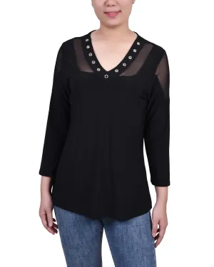 Petite Long Sleeve Top With Mesh Insets Laser Cut Edges AntiPill Finish