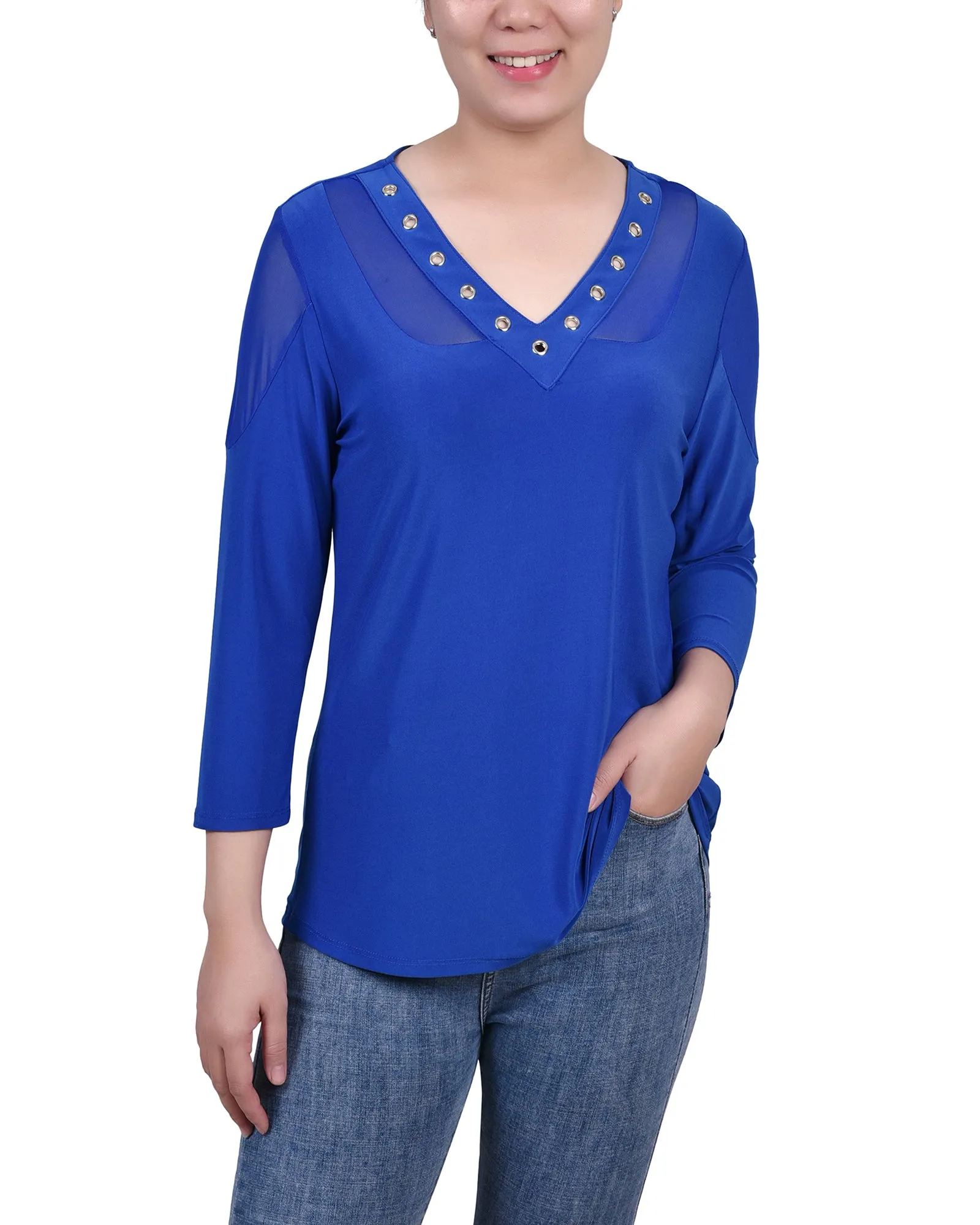 FrictionResistant Trim Petite Long Sleeve Top With Mesh Insets