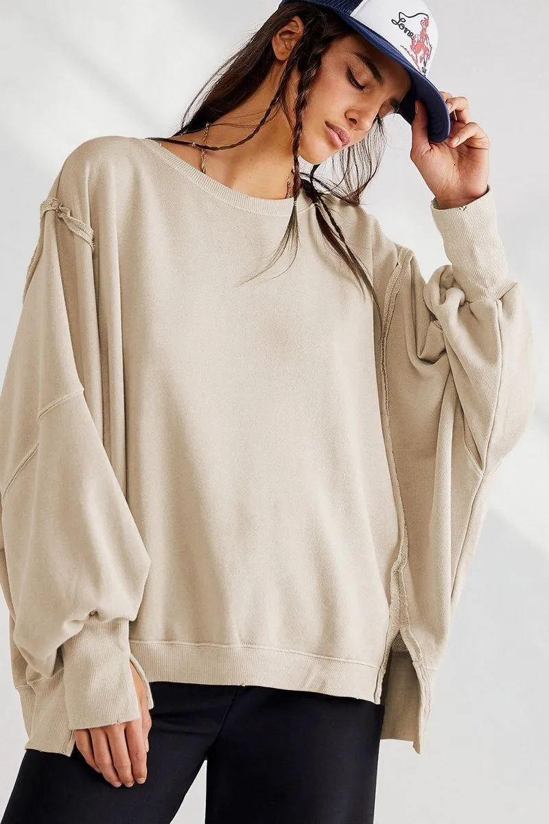 WOMEN OVERSIZED LOOSE FIT LONG SLEEVE JUMPER TOP Sport Hoodie FrenchTerry
