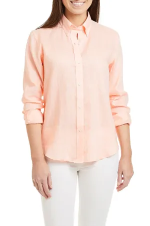 Ladies Button Down Shirt Peach Linen Fashion Blouse