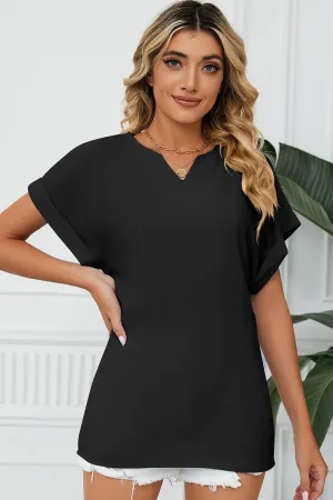 SIMPLE LOOSE FIT ROLL UP SHORT SLEEVE BLOUSE RibbedCuff