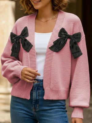 Professional Cut Women's Ribbon Bow Spliced Cardigan Sweater