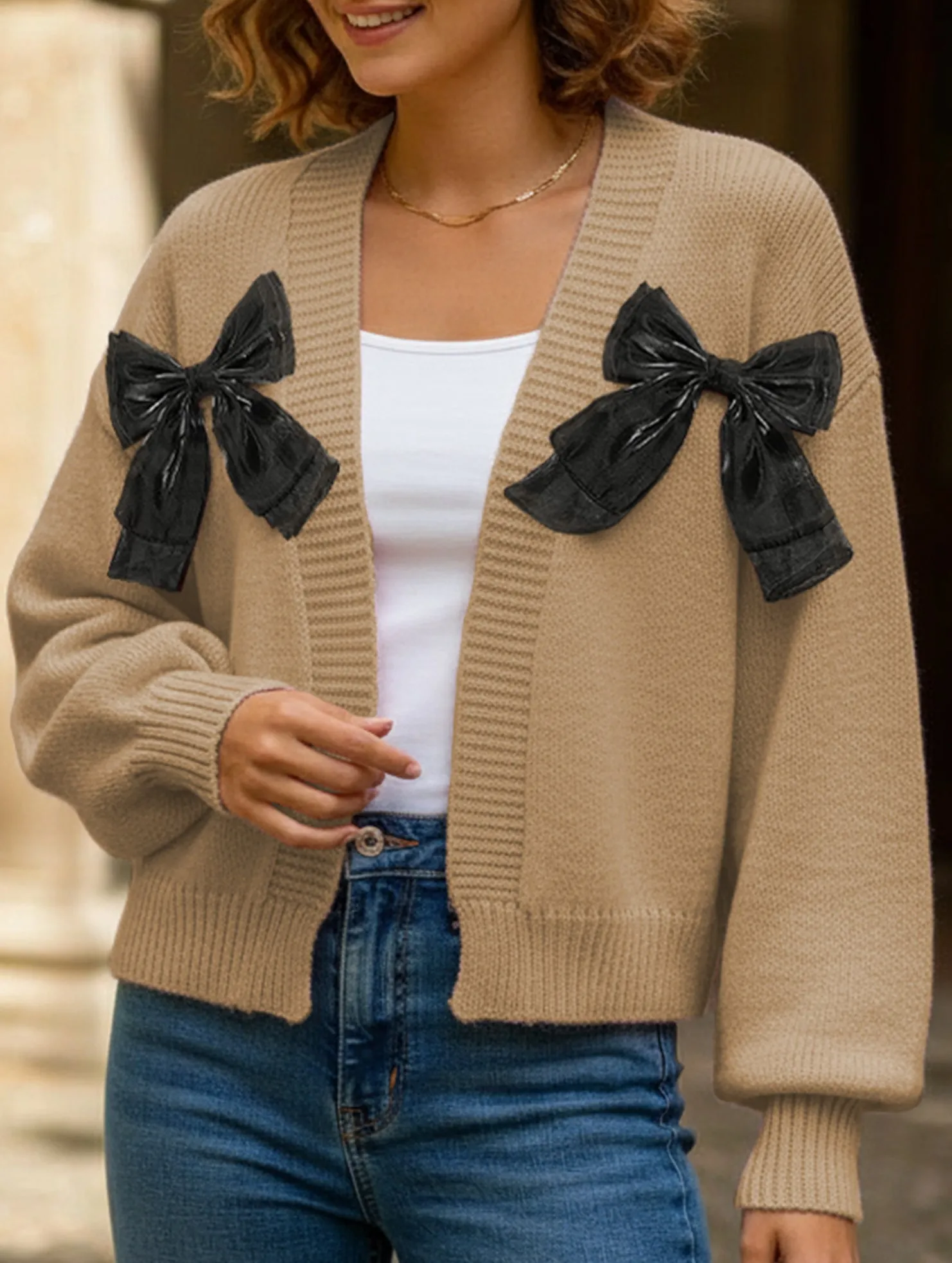 Tailored Silhouette Women's Ribbon Bow Spliced Cardigan Sweater