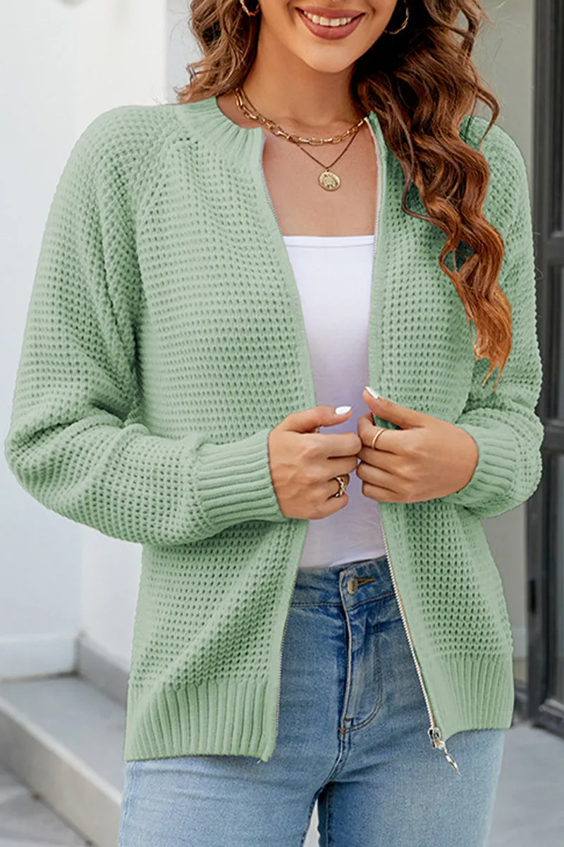 Light material WideNeckOpening WOMEN ZIP UP CLOSURE WAFFLE KNITTED LIGHT JACKET