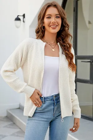 Reflective Accent Stripes WOMEN ZIP UP CLOSURE WAFFLE KNITTED LIGHT JACKET