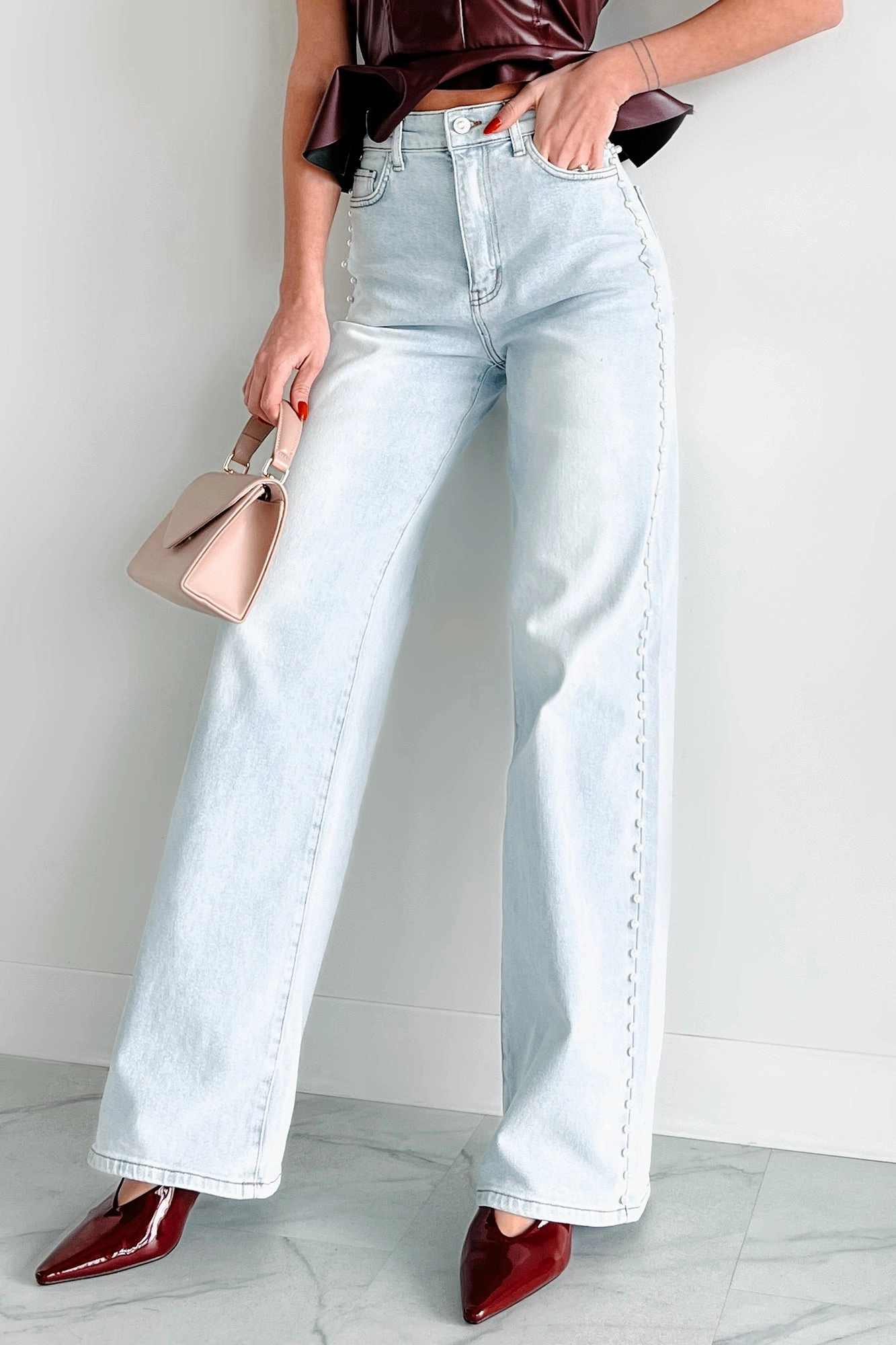 ContrastPlacket Cynthia High Rise Pearl Detail Vibrant Wide Leg Jeans (Light Stone)