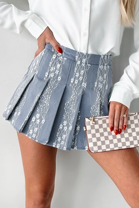 Flirty Concepts Pleated Lace Mini Skort (Blue Denim) LongLastingDurability Relaxed Fit Shirt