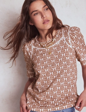 Adjustable Hemline UniversalFit Mila Lace Trim Top-Ivory and Cognac, Ornate Geo