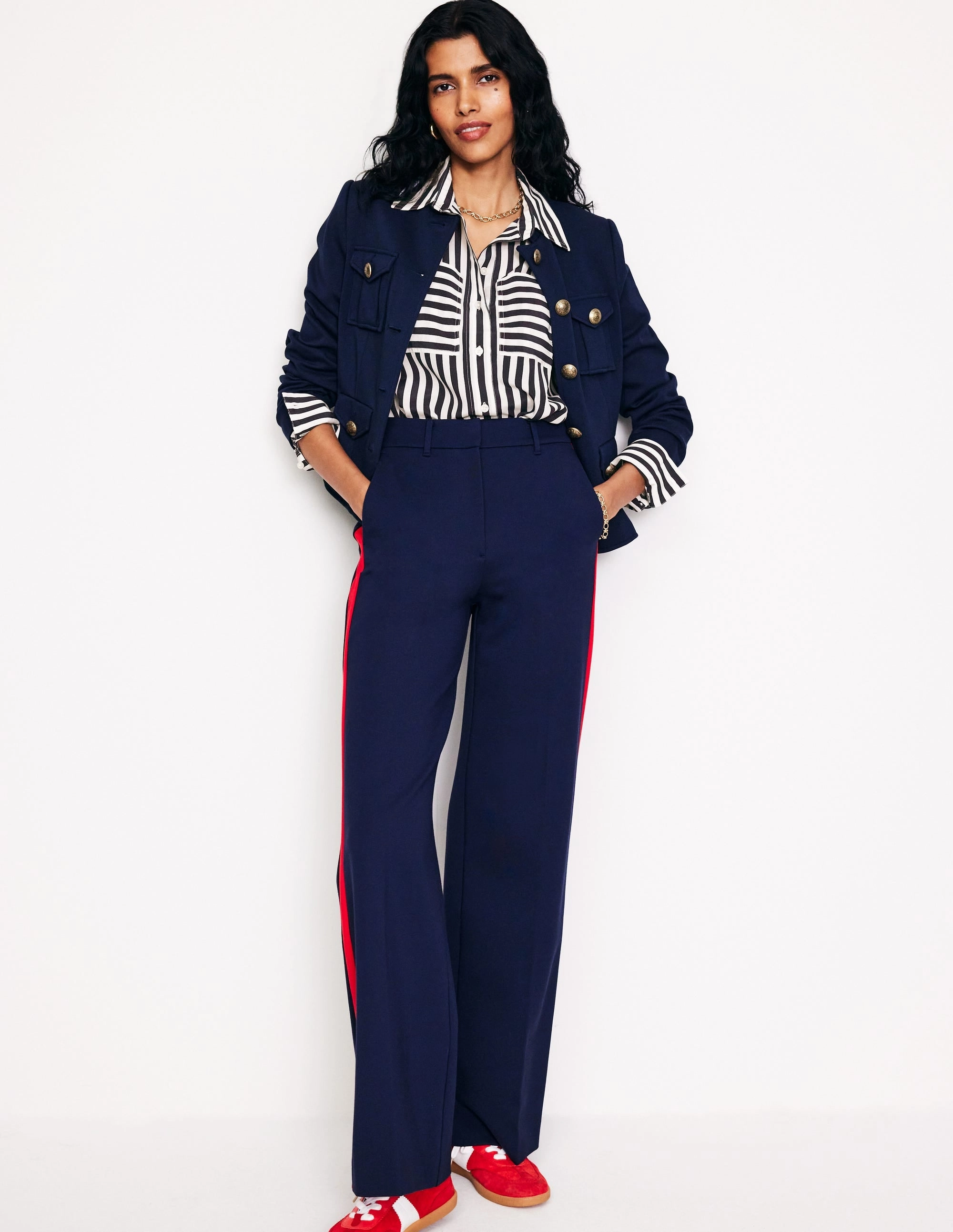 Connie Relaxed Silk Shirt-Navy Stripe High Collar Protection Design