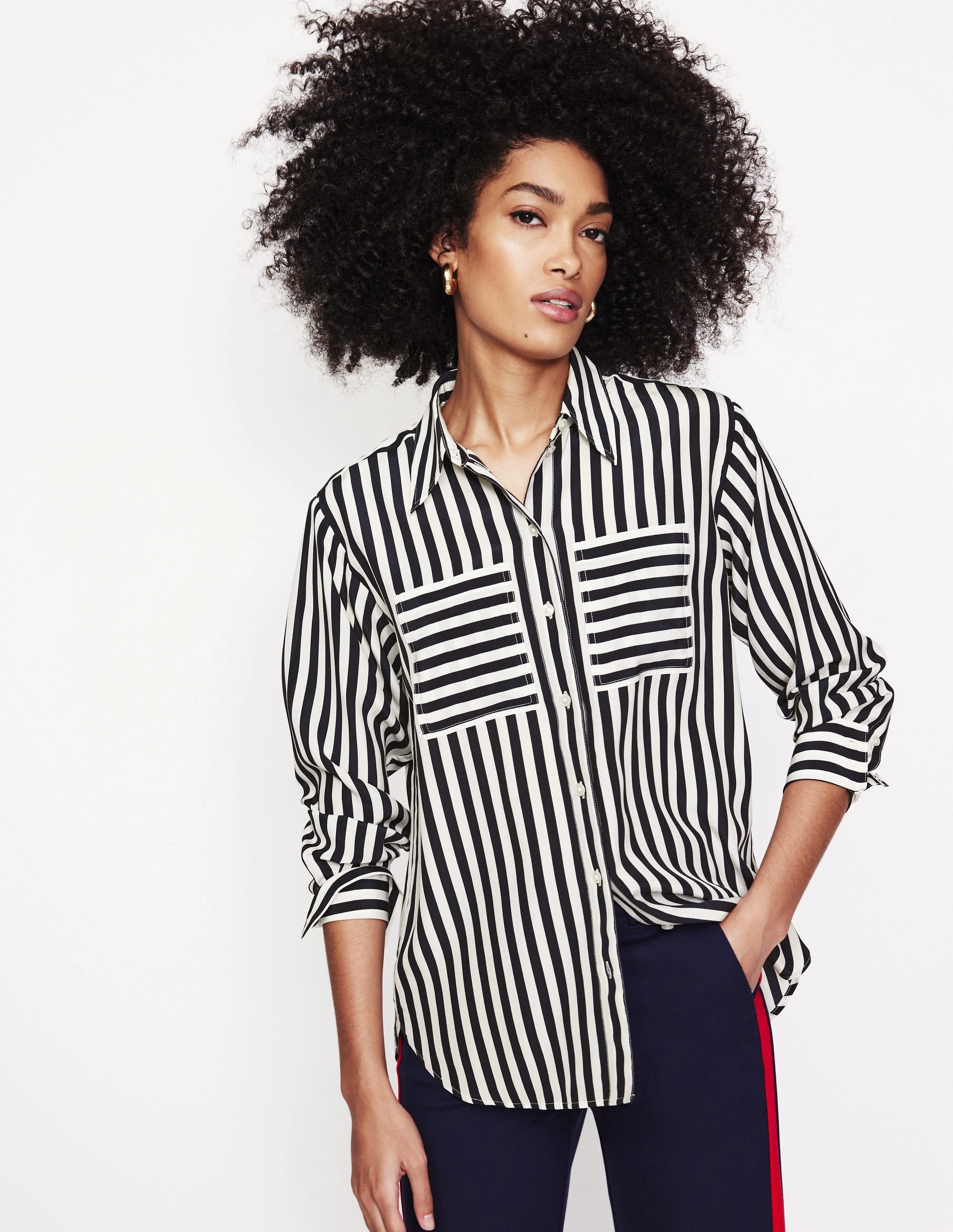 Reinforced Shoulder Seams Anti Slip Shoulder Padding Connie Relaxed Silk Shirt-Navy Stripe