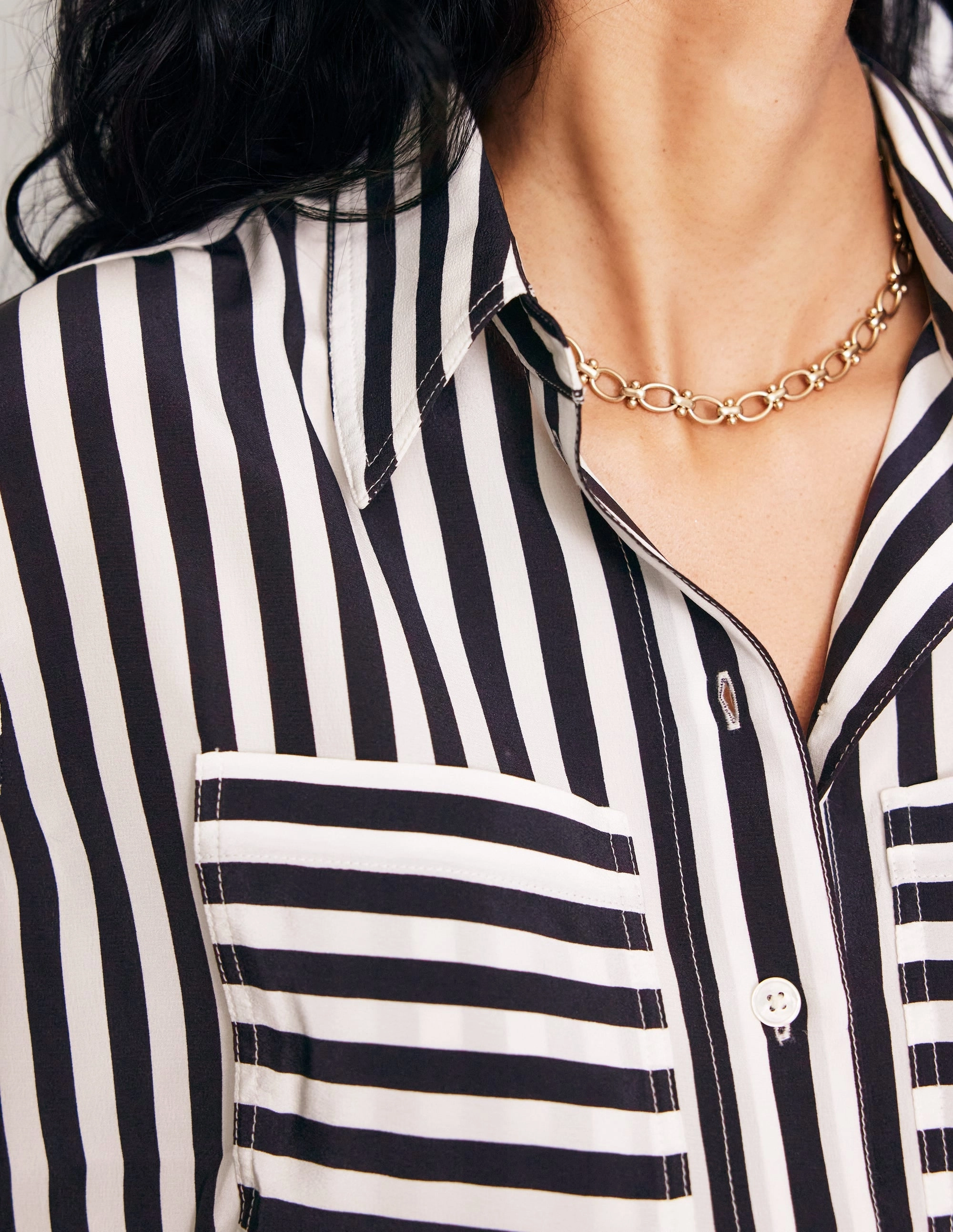 Connie Relaxed Silk Shirt-Navy Stripe Double Stitched Hems Torsion Support Structure