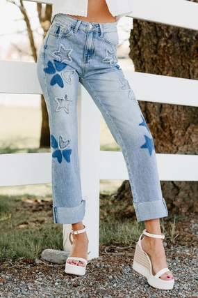 Freya Star & Heart Patch Saige Denim Jeans (Light) Comfy Feel