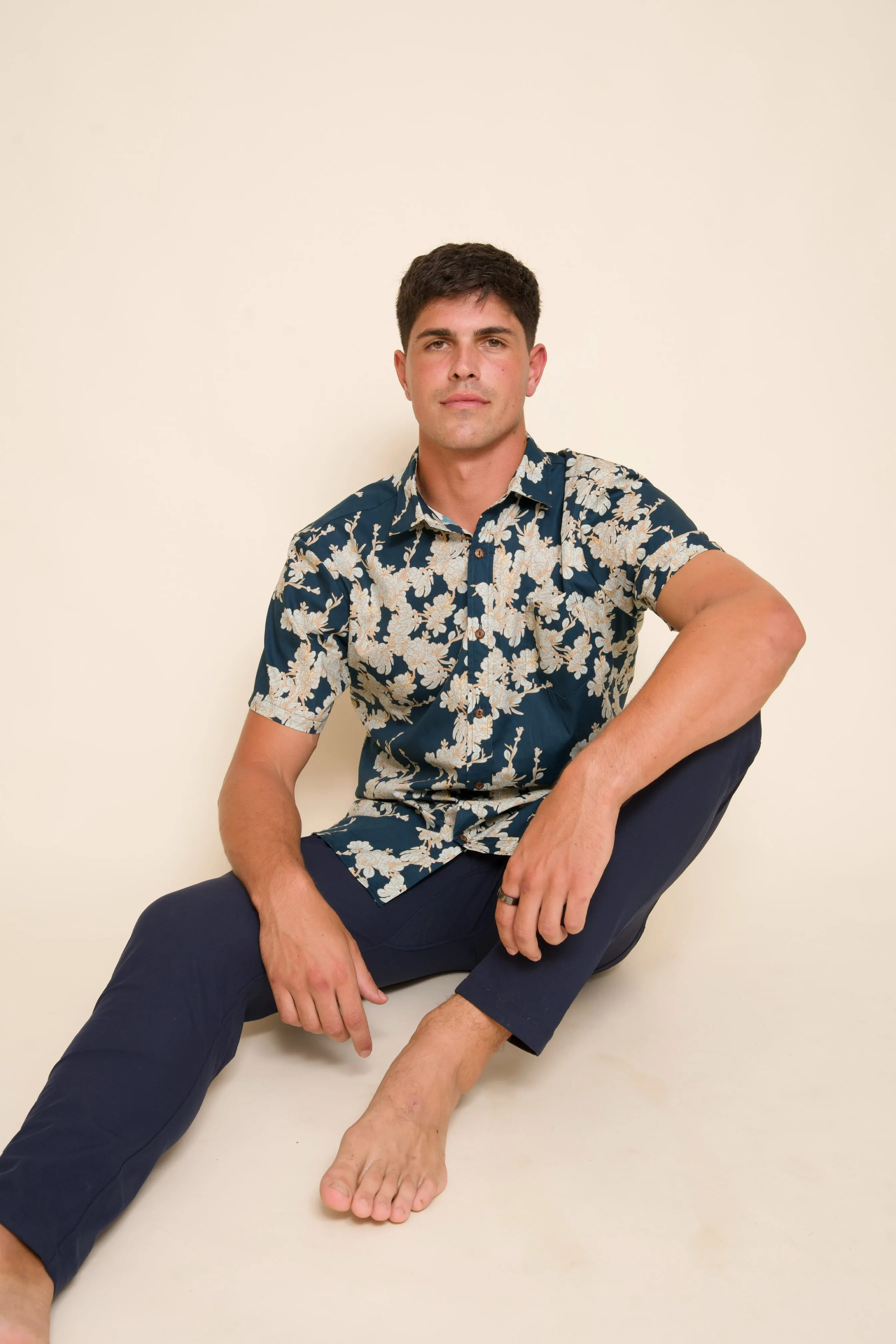 Dwarf Naupaka Navy Tailored Aloha Shirt