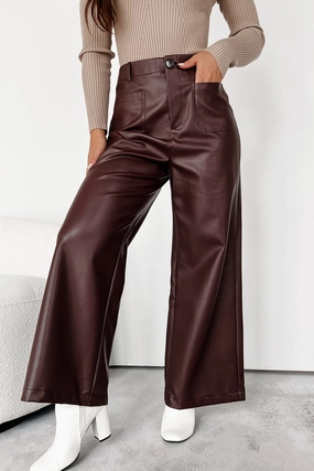 More Than Usual Wide-Leg Faux Leather Pant (Chocolate) Embroidered Detail