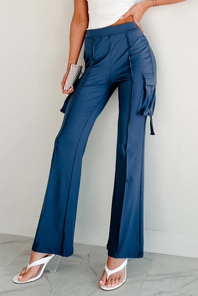 Easy Does It High Rise Cargo Bootcut Leggings (Blue) Comfortable Cut Fashionable Waist