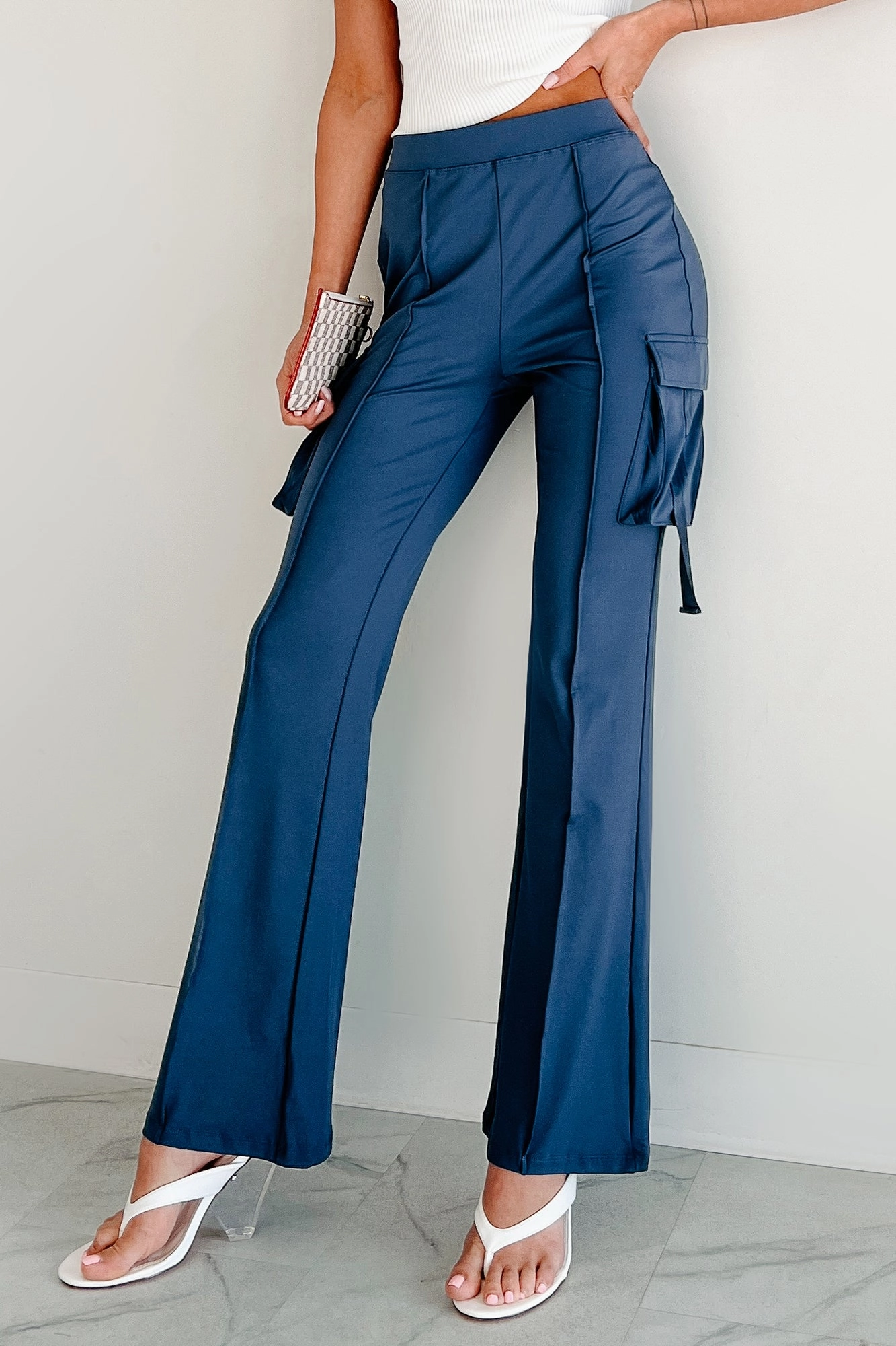 Easy Does It High Rise Cargo Bootcut Leggings (Blue) Comfortable Cut Fashionable Waist