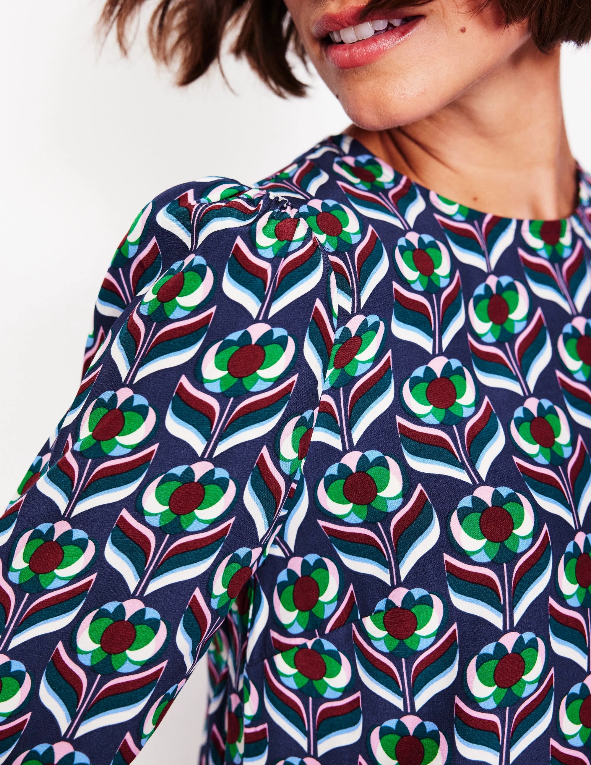 Reinforced Shoulders Easy Printed Top-Kingfisher Blue, Blossom Stamp
