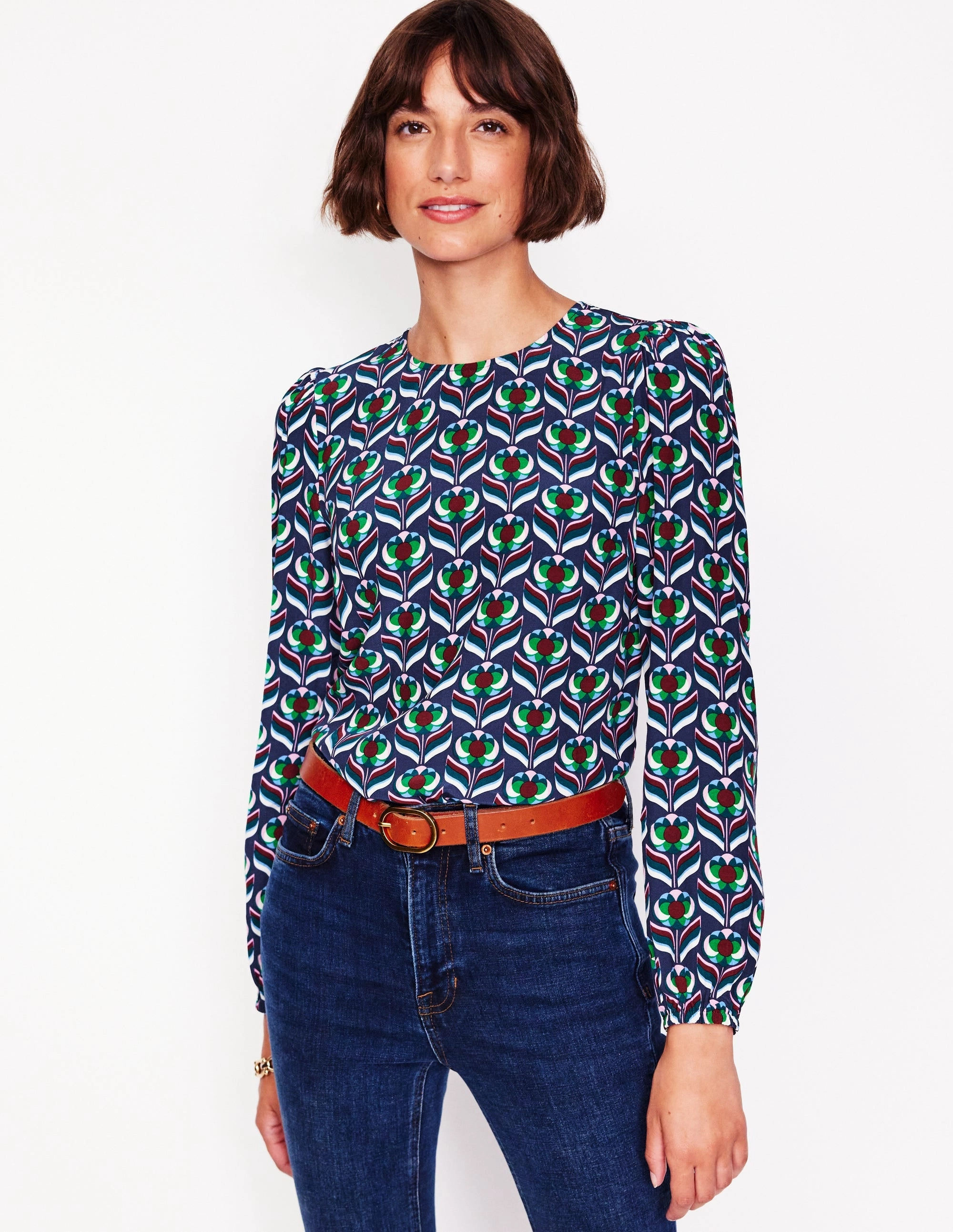 MoistureControl Office Attire Easy Printed Top-Kingfisher Blue, Blossom Stamp
