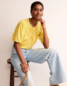 High Density Weave Easy Stitch Detail Top-Passion Fruit, Ditsy Bud