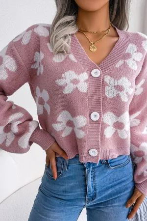 Durable Chainstitch NonChafing Fabric WOMEN FLOWER PRINTING COZY BUTTON UP CARDIGAN