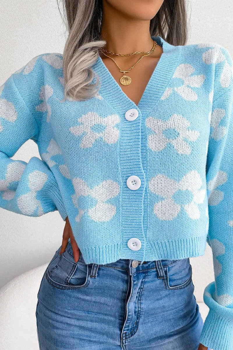 WOMEN FLOWER PRINTING COZY BUTTON UP CARDIGAN Seamless construction High Collar Option