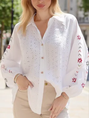 Adjustable Cuff Embroidered Eyelet Shirt ??Balloon Sleeve Vintage Blouse