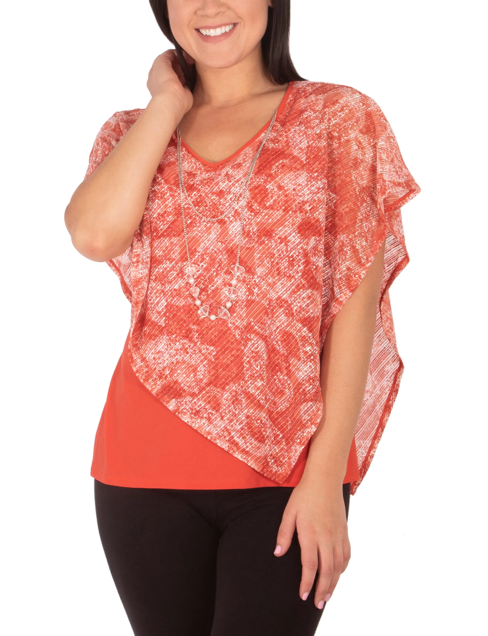 Professional Cut Petite Burnout Poncho Top With Removable Necklace