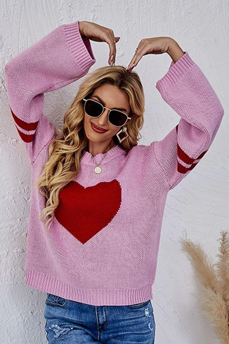 QuickRelease Fastener Layered Collar System WOMEN OVERSIZED HEART PRINTING RIBBED PULLOVER TOP