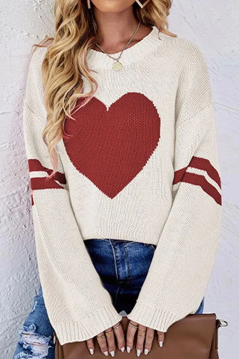 WOMEN OVERSIZED HEART PRINTING RIBBED PULLOVER TOP Snag Resistant Surface Interlock Knit