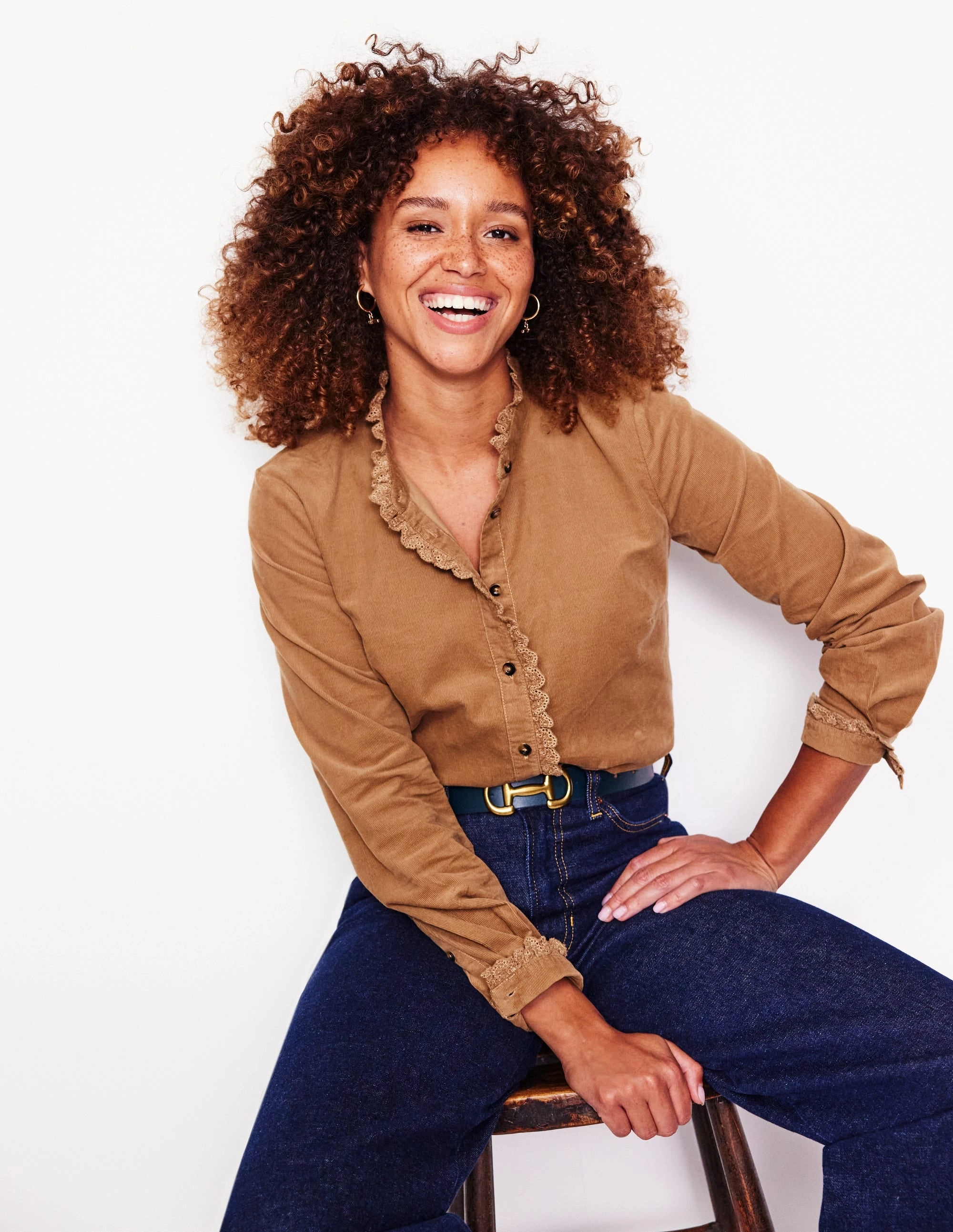 Comfortable Collar Phoebe Cord Shirt-Camel