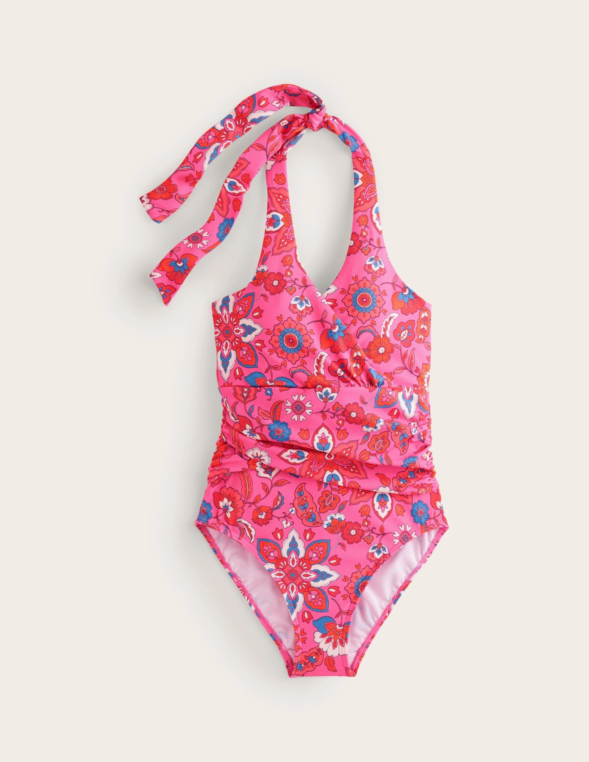 Poolside Vacation Polka-Dots Levanzo Halter Swimsuit-Pink, Botanical Wave