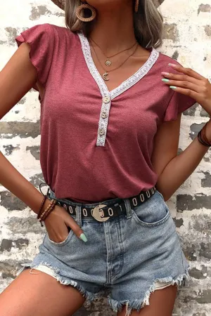 BUTTON NECK SHORT SLEEVE CASUAL TOP Breathable Ventilation SeamFreeShoulder