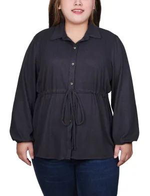 Plus Size Long Dolman Sleeve Drawstring-Waist Tunic Top Rolled Hem Detailing