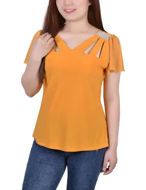 Short Flutter Sleeve Top With Cutouts and Stones FlexibleNeckline