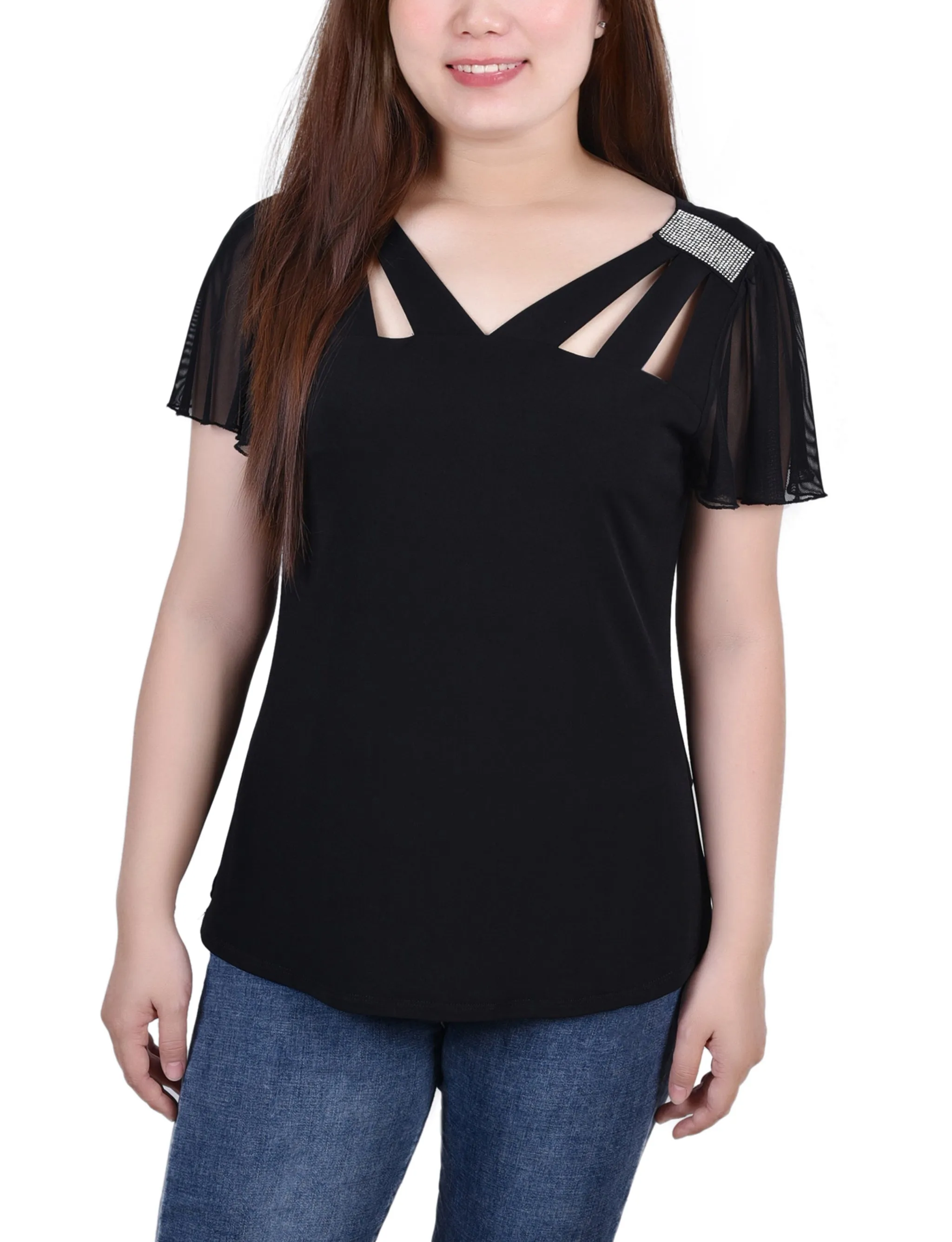 FlatlockSeamTechnique Short Flutter Sleeve Top With Cutouts and Stones