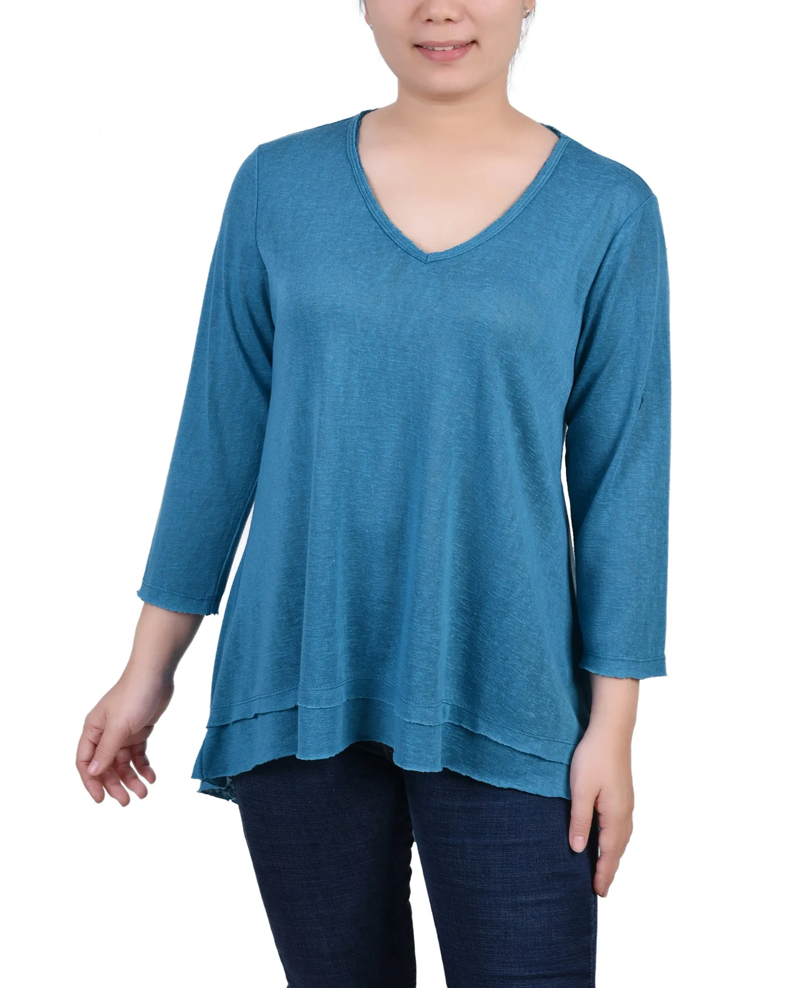 Petite 3/4 Sleeve V Neck Top Relaxed Design Vintage Shirt